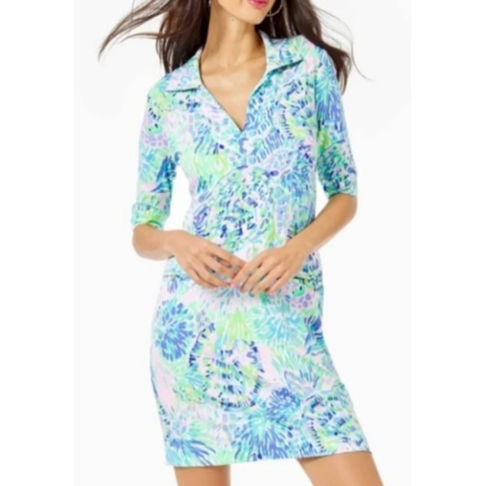 Lilly Pulitzer Quincey Dress Shell Of A Party Blue Green Polo Shift XS Beachy